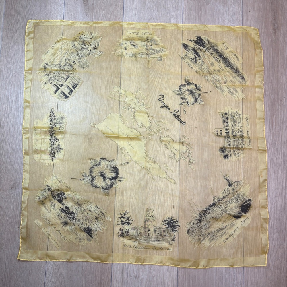Vintage Cavanaghs Virgin Islands Souvenir Scarf Gold Sheer Map Print 28x28